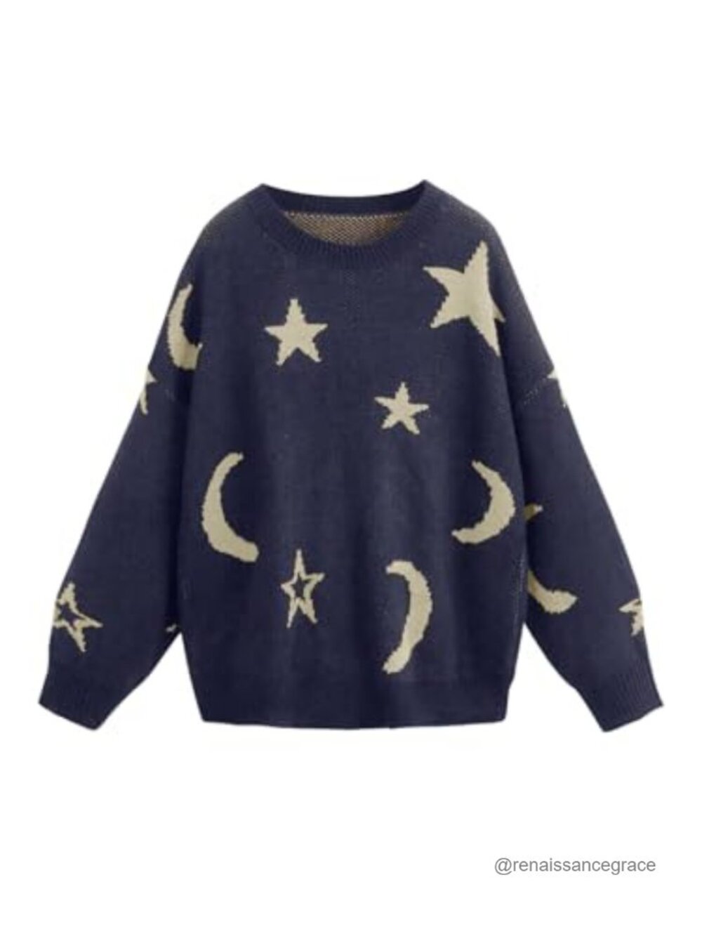 WDIRARA Women's Star Moon Print Long Sleeve Sweater Round Neck Pullover Top